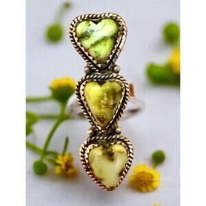 Three Stone Palomino Light Green Turquoise Hearts Ring Adjustable 5-11